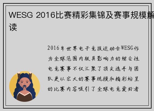 WESG 2016比赛精彩集锦及赛事规模解读