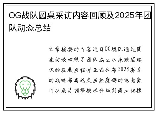 OG战队圆桌采访内容回顾及2025年团队动态总结